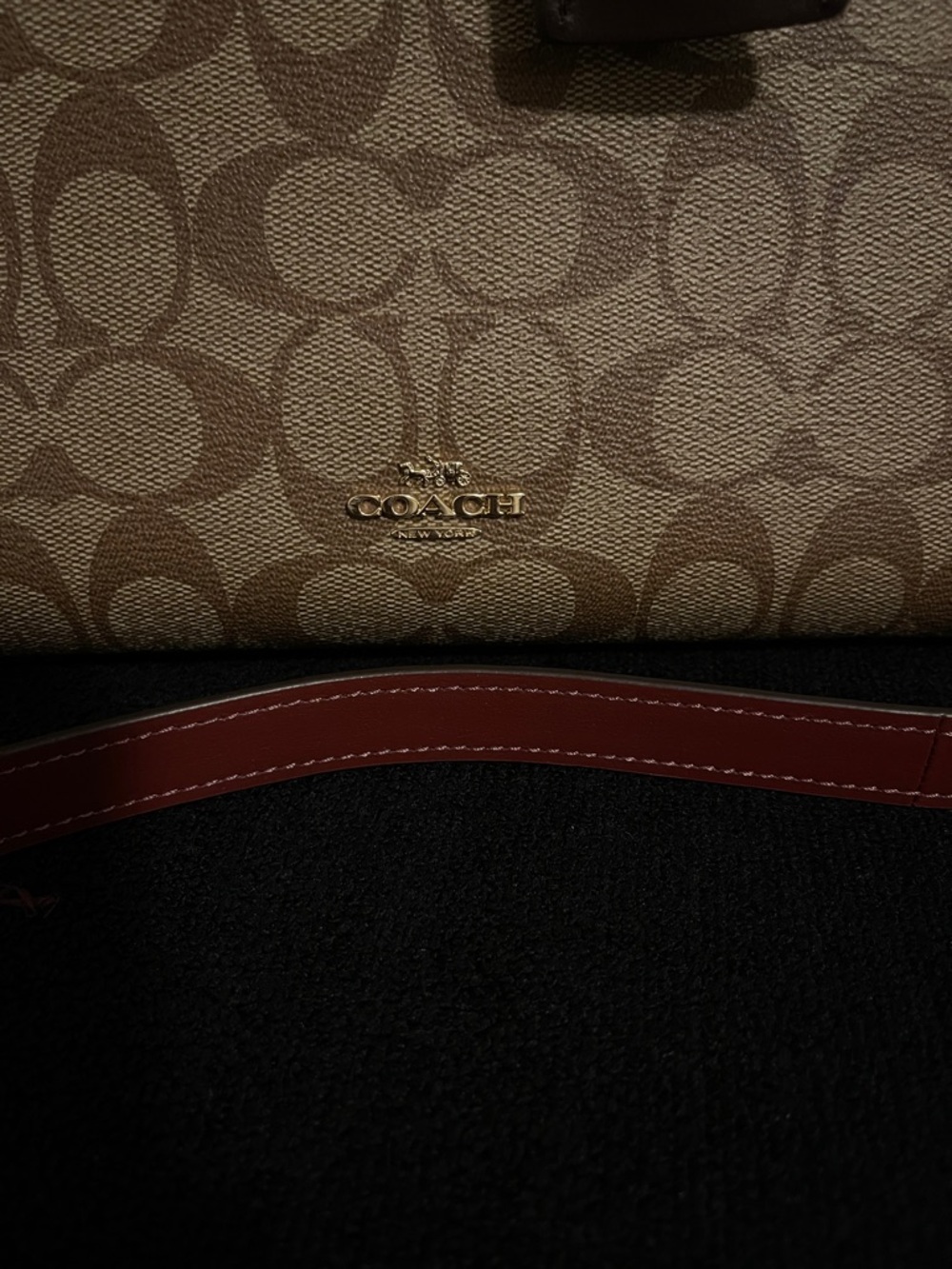 Coach Brown Signature Canvas Tote with Burgundy Leather Trim - Picture 2 of 16
